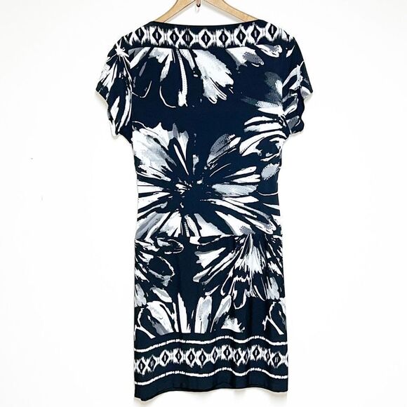 NWOT St Tropez Black White Tropical Jersey Boatneck Shift Dress Sz Womens 14 - Picture 2 of 5